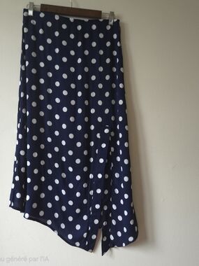 MANGO Casual Navy Polka Dot Asymmetrical Midi Skirt Front Slit Size S Small